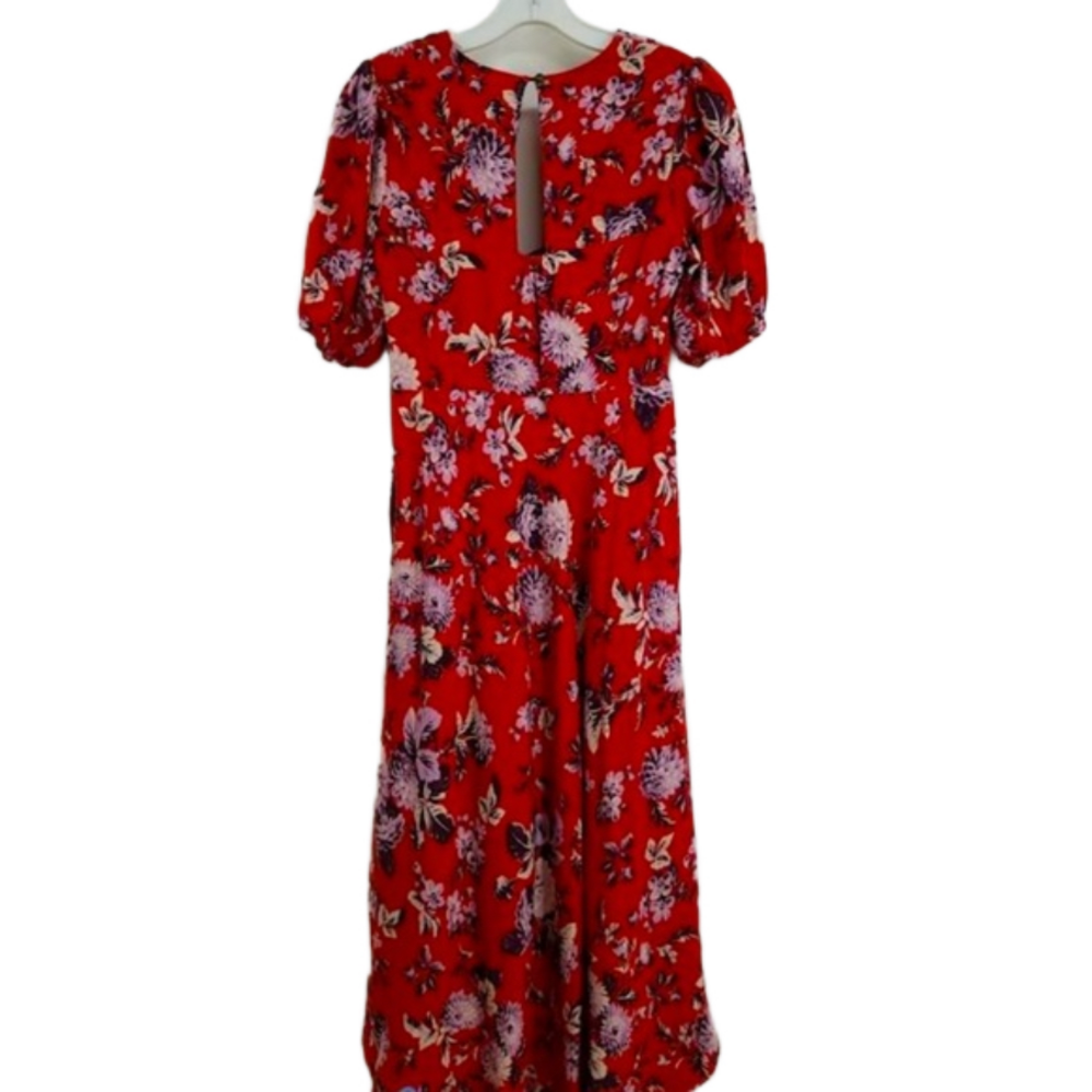 Maeve Anthropologie Red Floral Puff Sleeve Midi Dress 6P Petite High-Low - Picture 13 of 17